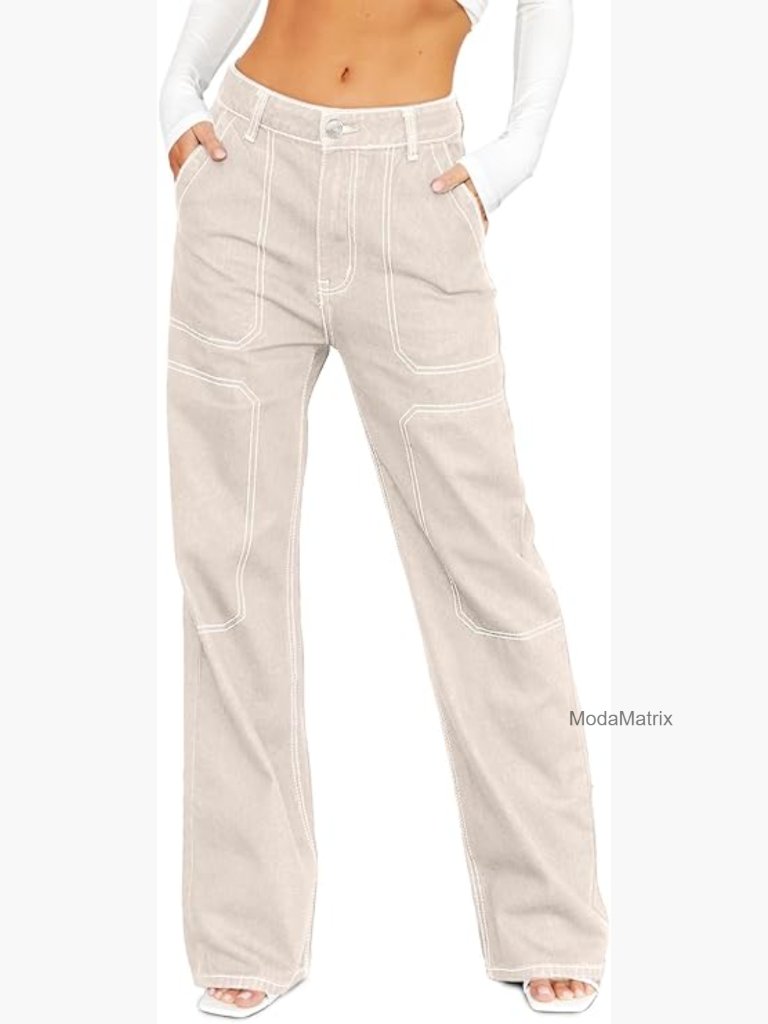 Mid Waist Wide Leg Cargo Jeans Stretch Denim Pants With Pockets
